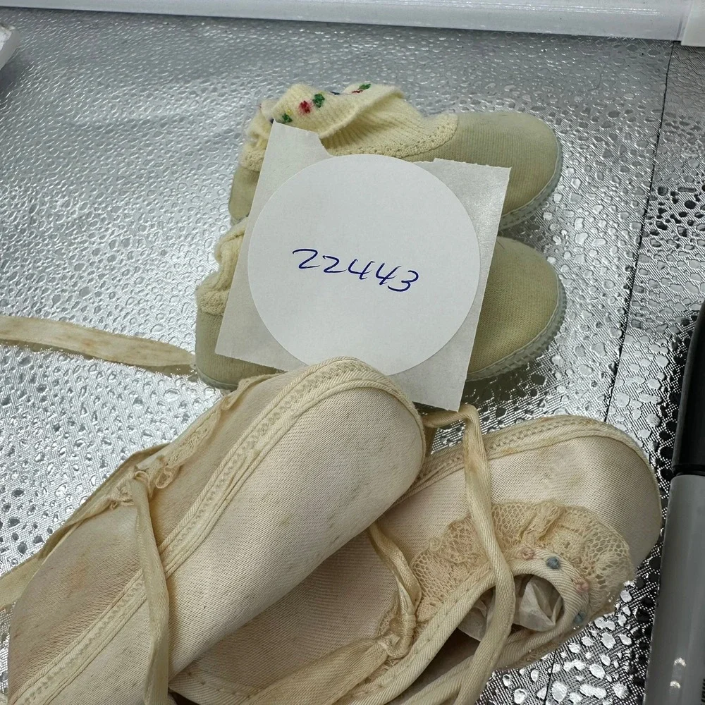 Vintage Baby Shoe Lot Cream Satin Lace Ribbon Yellow Knit Floral Booties 2 Pairs